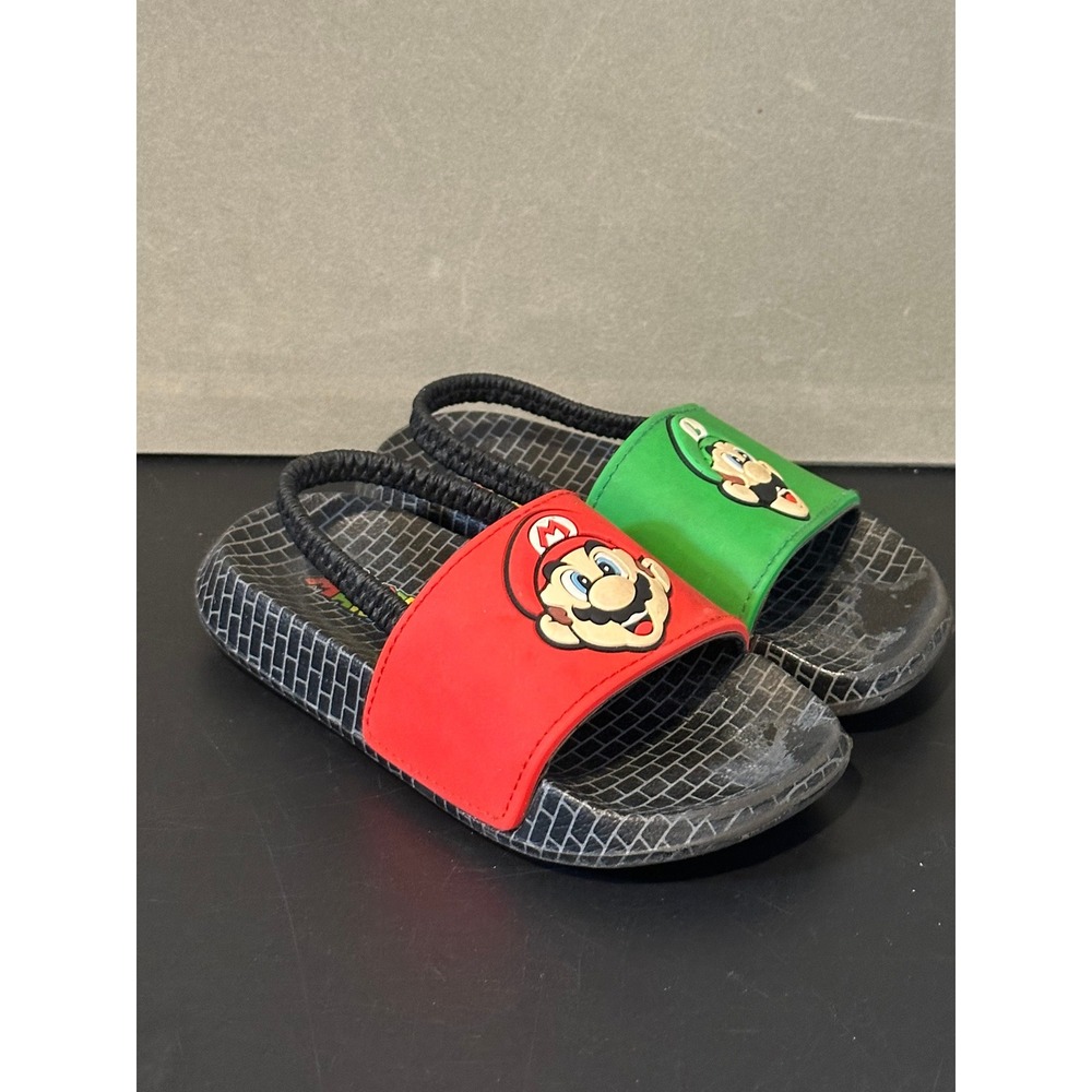 Nintendo Super Mario Luigi Kids Slide Sandals Red Green Elastic Back Size 7/8